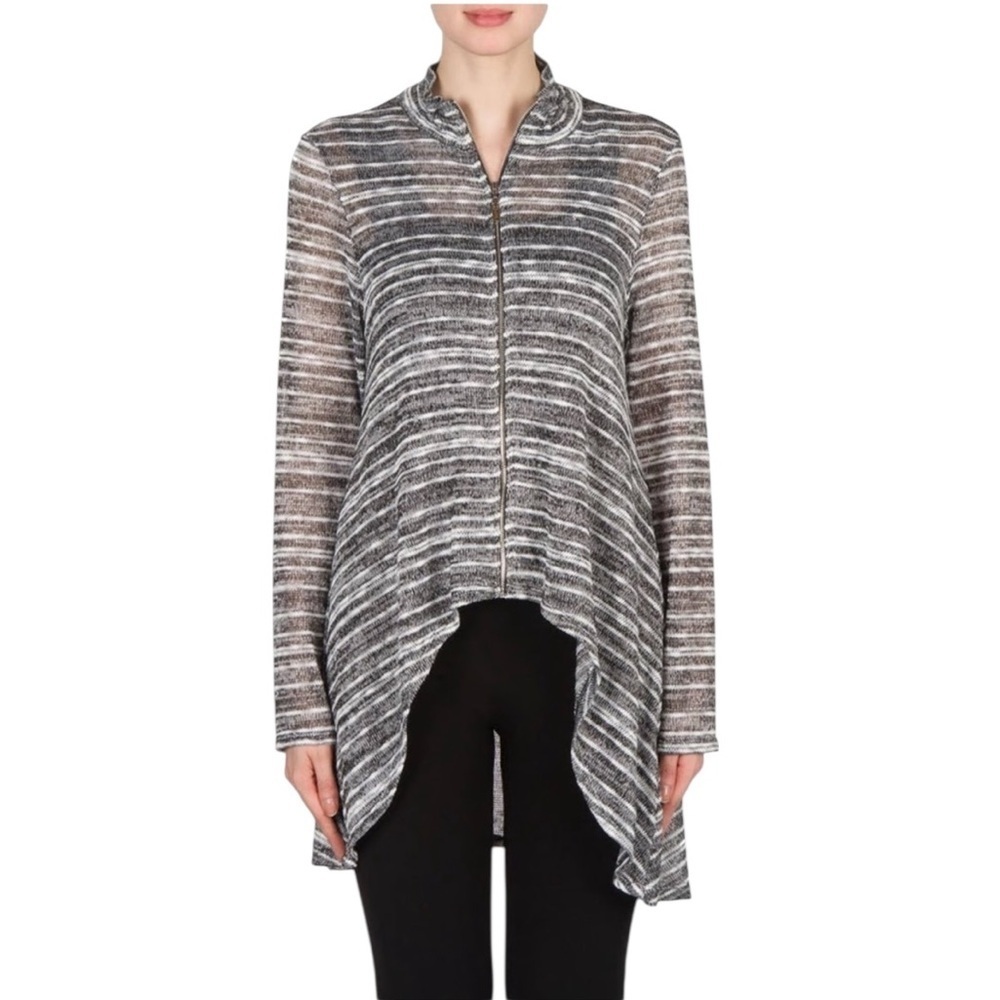 Joseph Ribkoff Casual Full Zip High Low Hem Knit Cardigan Size 6 Heathered Grey